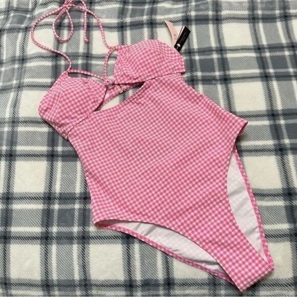 NWT VICTORIA’S SECRET GINGHAM CUT OUT PINK PADDED ONE PIECE SWIMSUIT XL - Picture 4 of 10